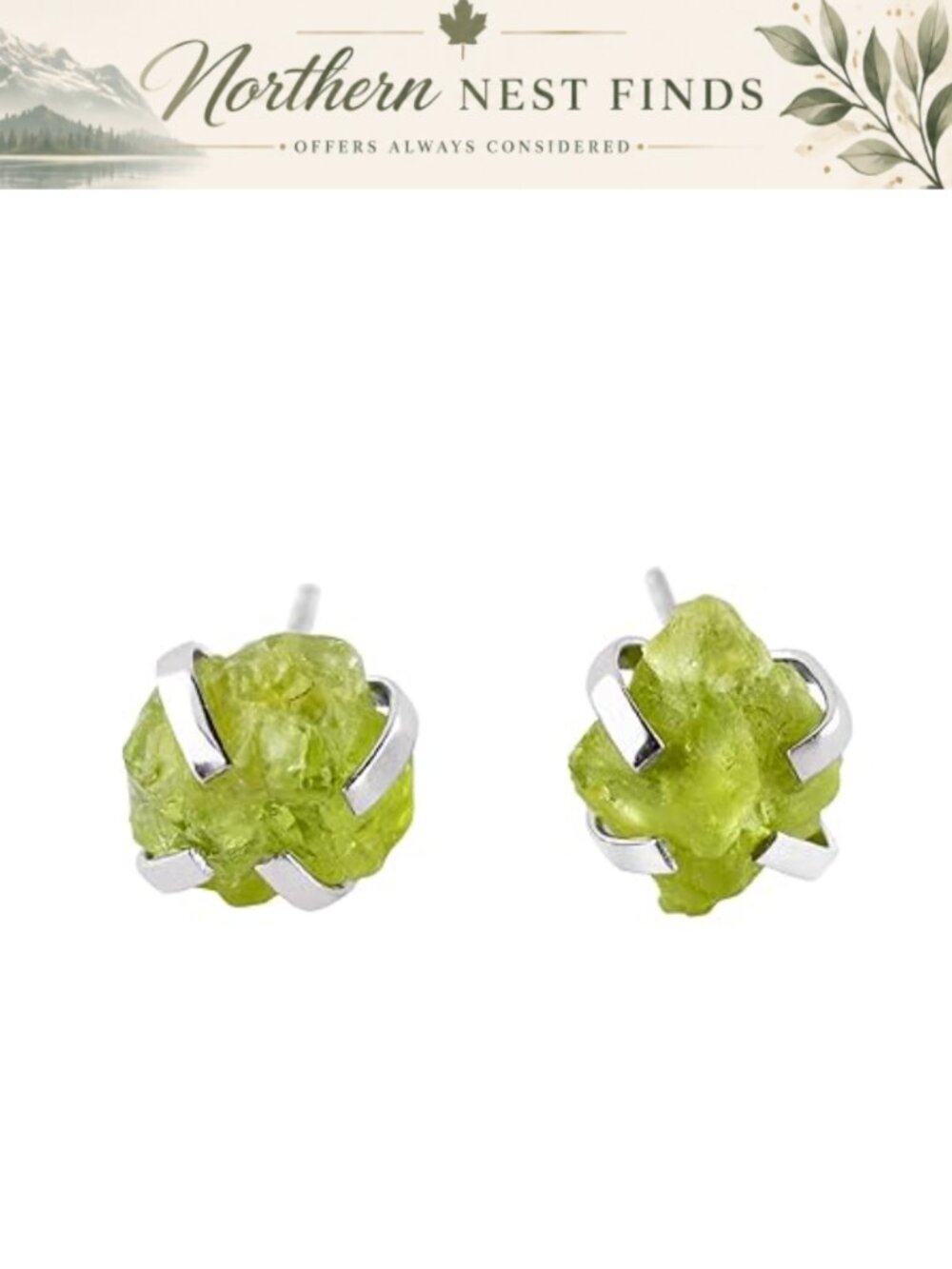 Raw Peridot Gemstone Stud Earrings 925 Sterling Silver Rhodium Plated